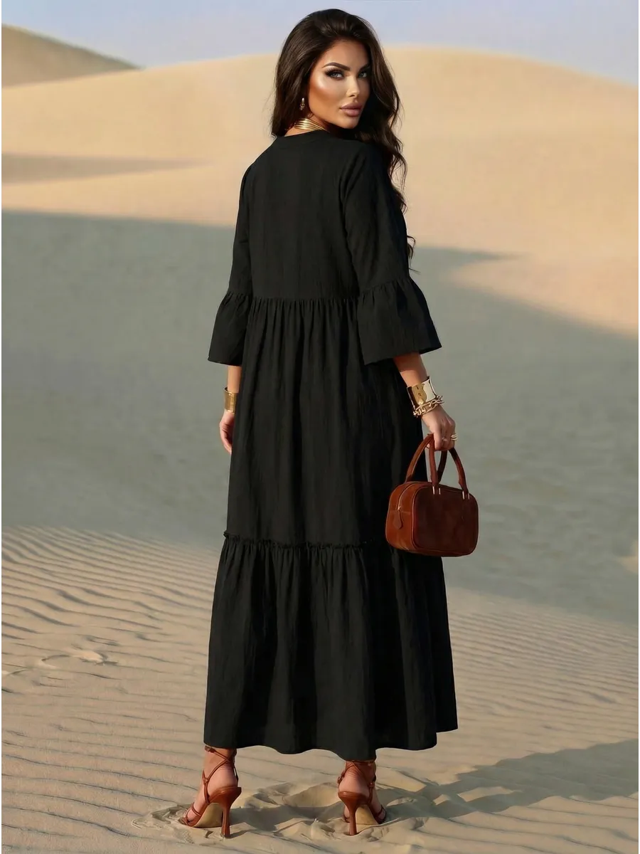 Черное летнее длинное платье макси в стиле бохо