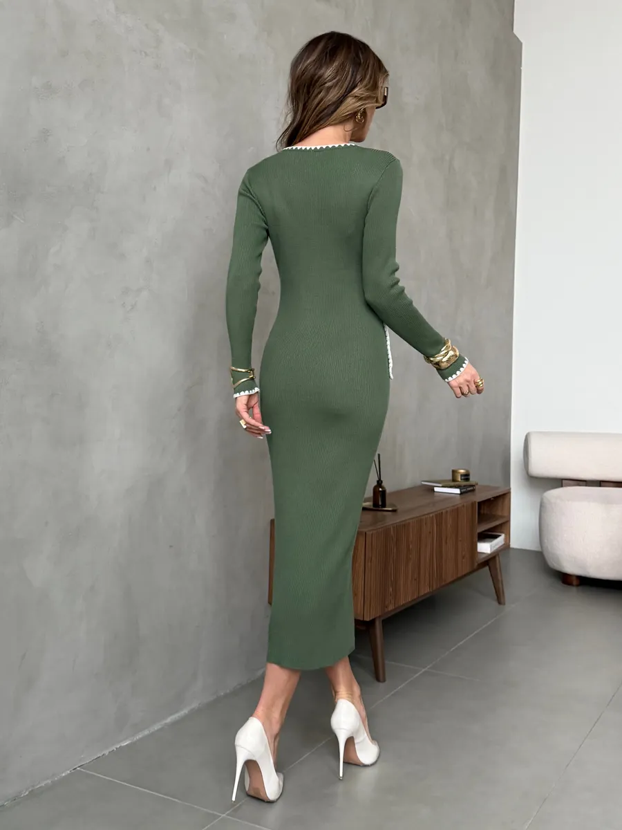 Хаки платье теплое вязаное нарядное трикотажное