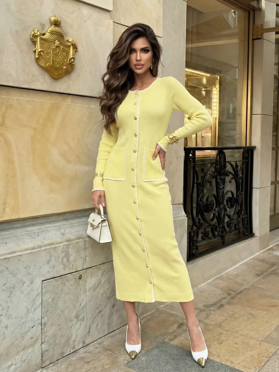 Желтое платье теплое вязаное нарядное трикотажное