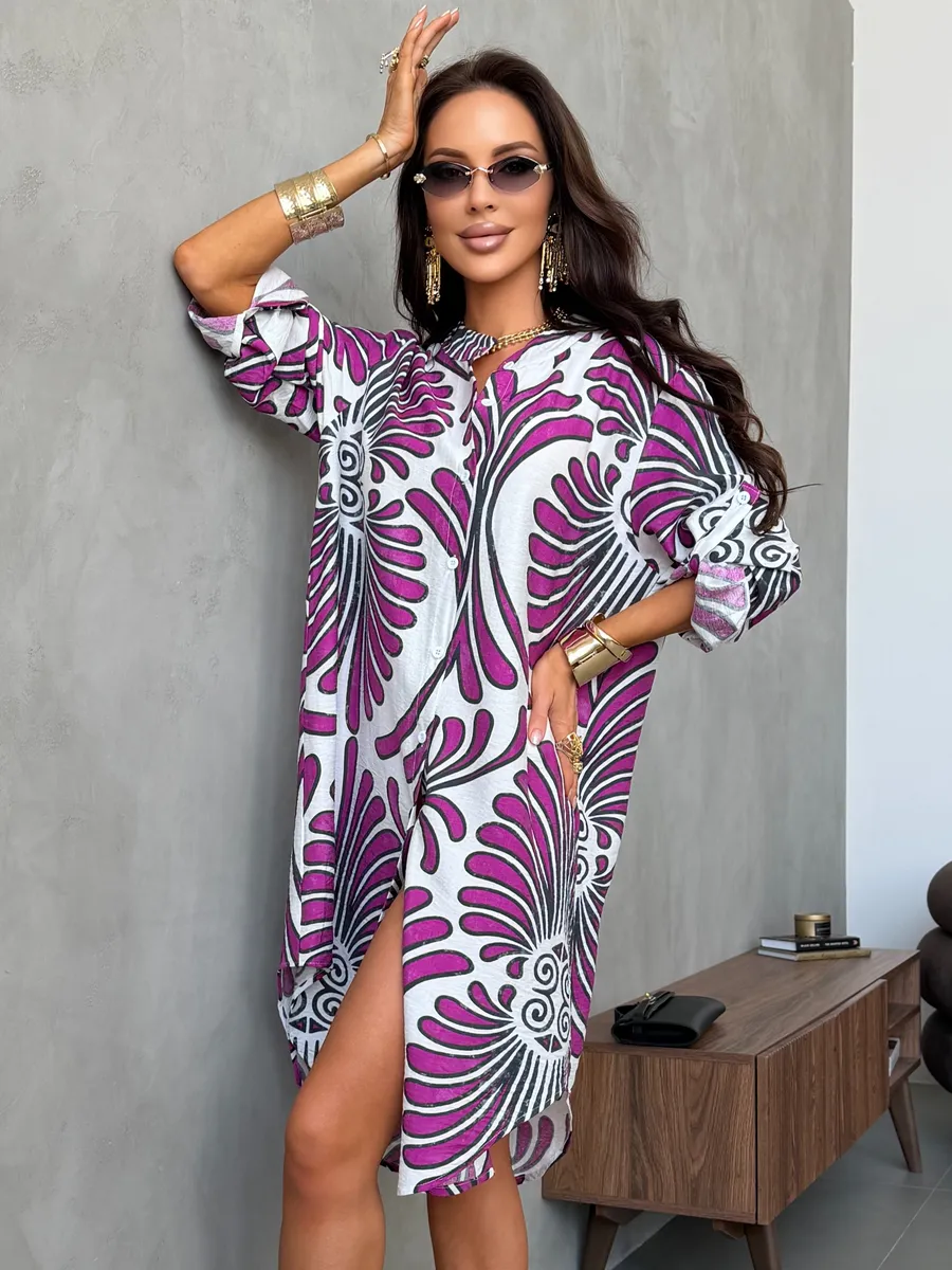 Фиолетовое летнее повседневное платье рубашка пляжное короткое