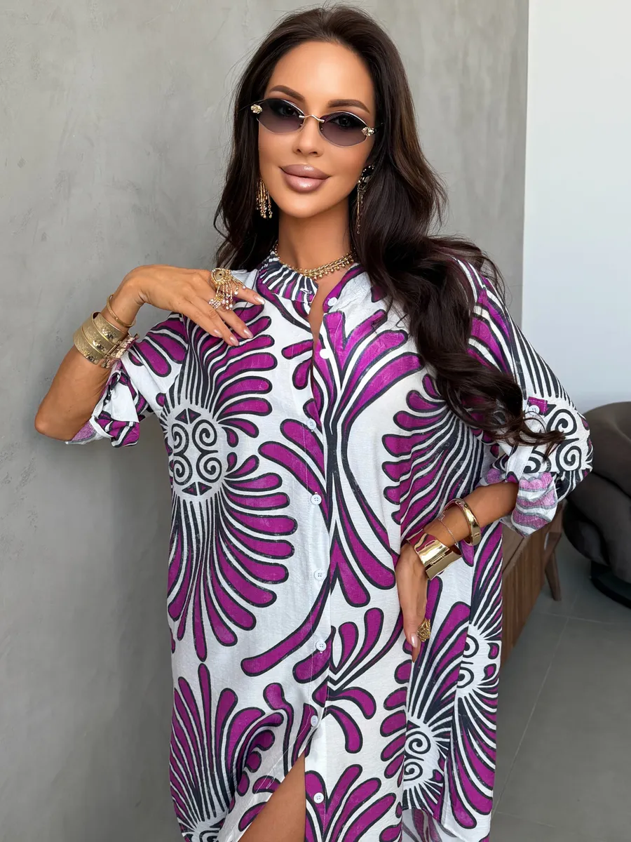 Фиолетовое летнее повседневное платье рубашка пляжное короткое