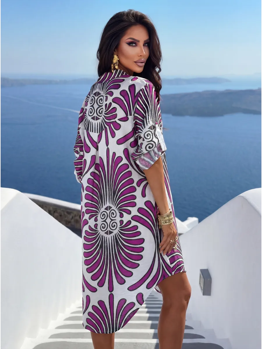 Фиолетовое летнее повседневное платье рубашка пляжное короткое