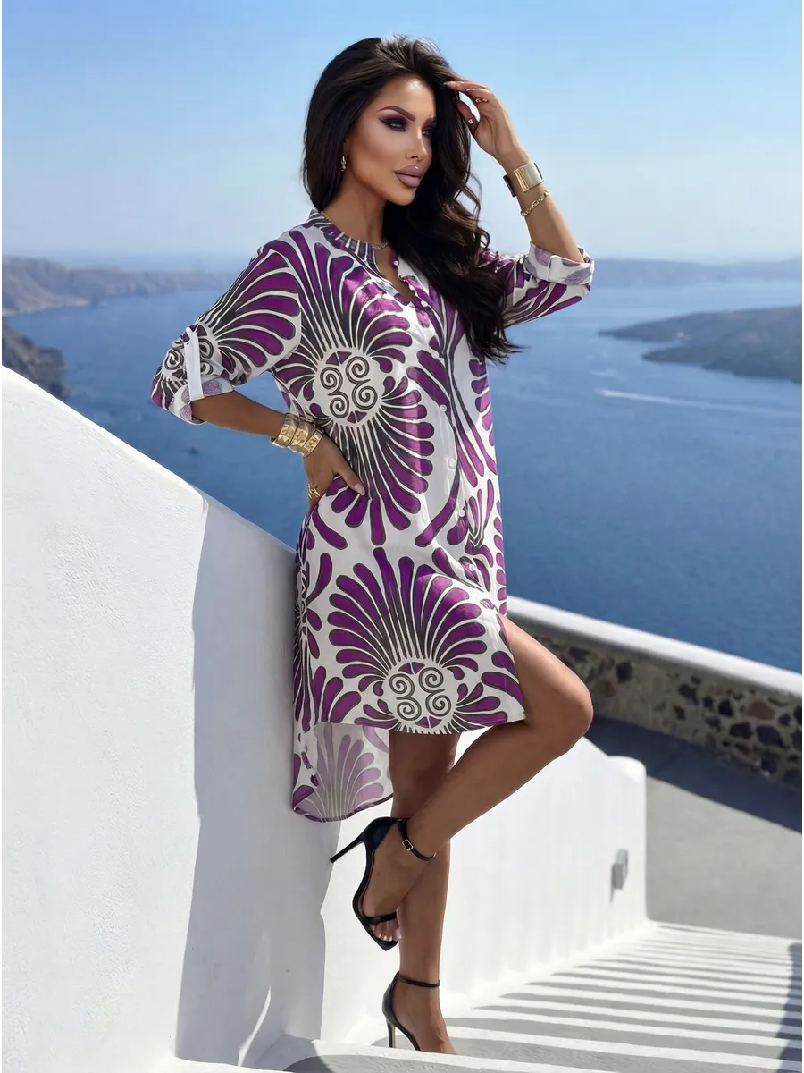 Фиолетовое летнее повседневное платье рубашка пляжное короткое