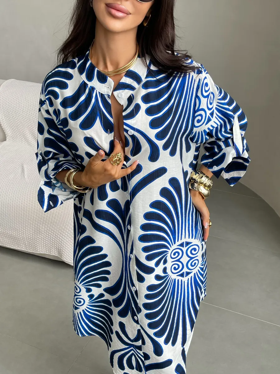 Синее летнее повседневное платье рубашка пляжное короткое