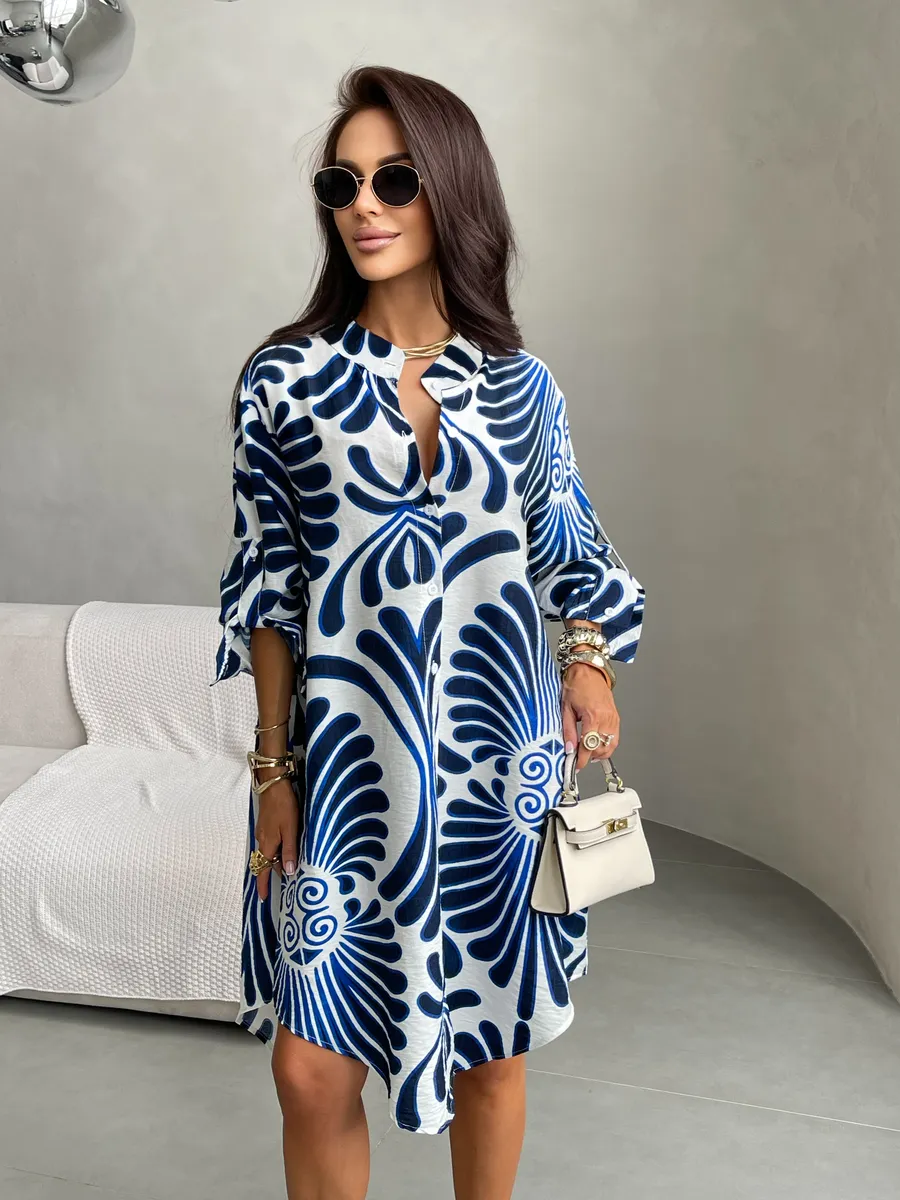 Синее летнее повседневное платье рубашка пляжное короткое