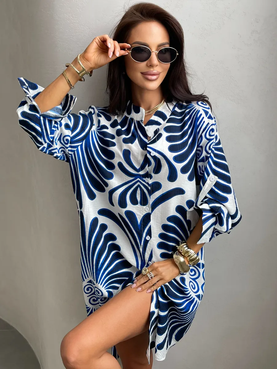 Синее летнее повседневное платье рубашка пляжное короткое