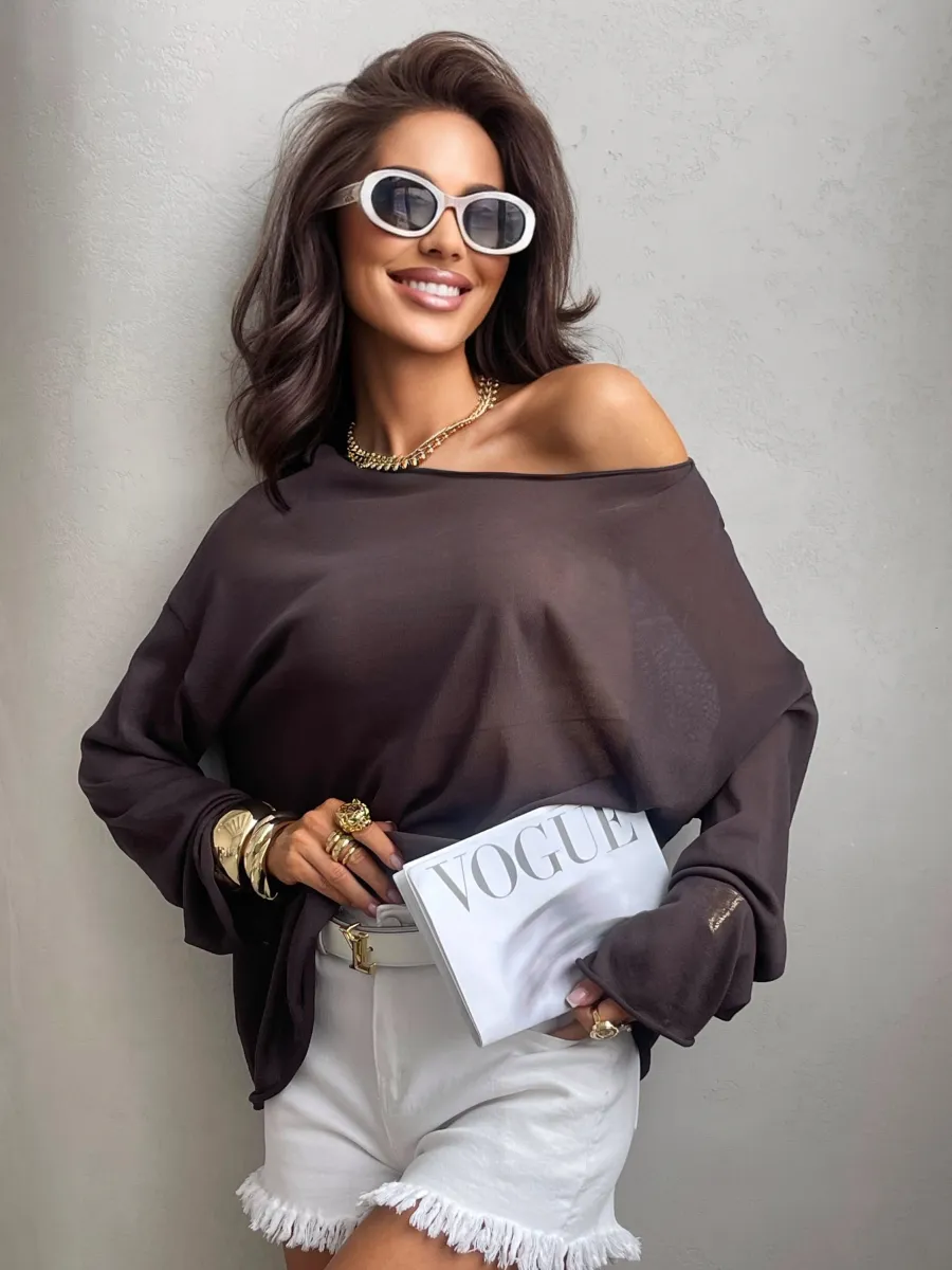 Коричневая летняя вязаная кофта оверсайз сетка паутинка