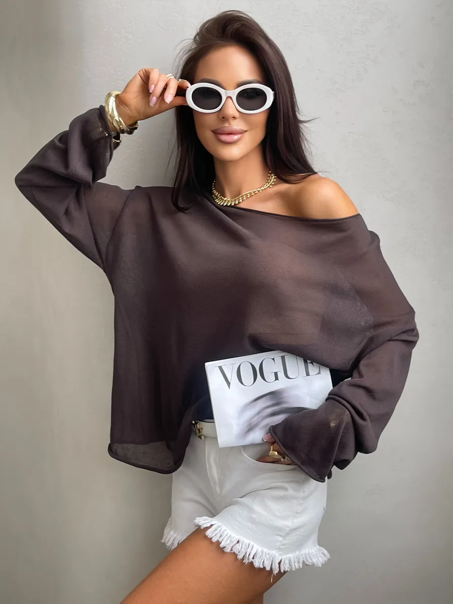 Коричневая летняя вязаная кофта оверсайз сетка паутинка