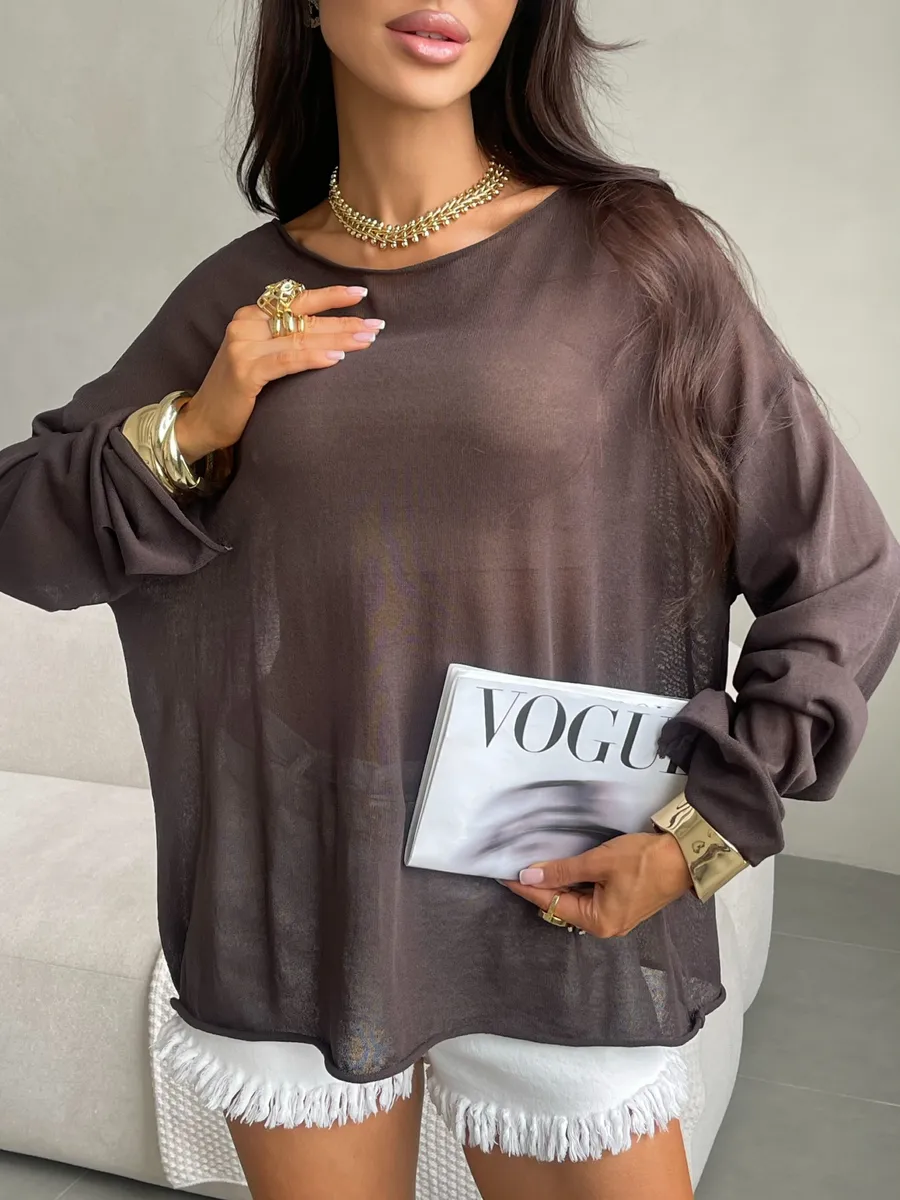 Коричневая летняя вязаная кофта оверсайз сетка паутинка