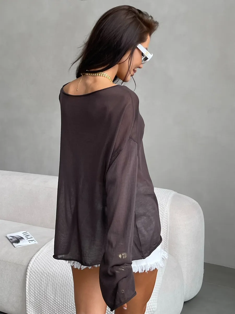 Коричневая летняя вязаная кофта оверсайз сетка паутинка