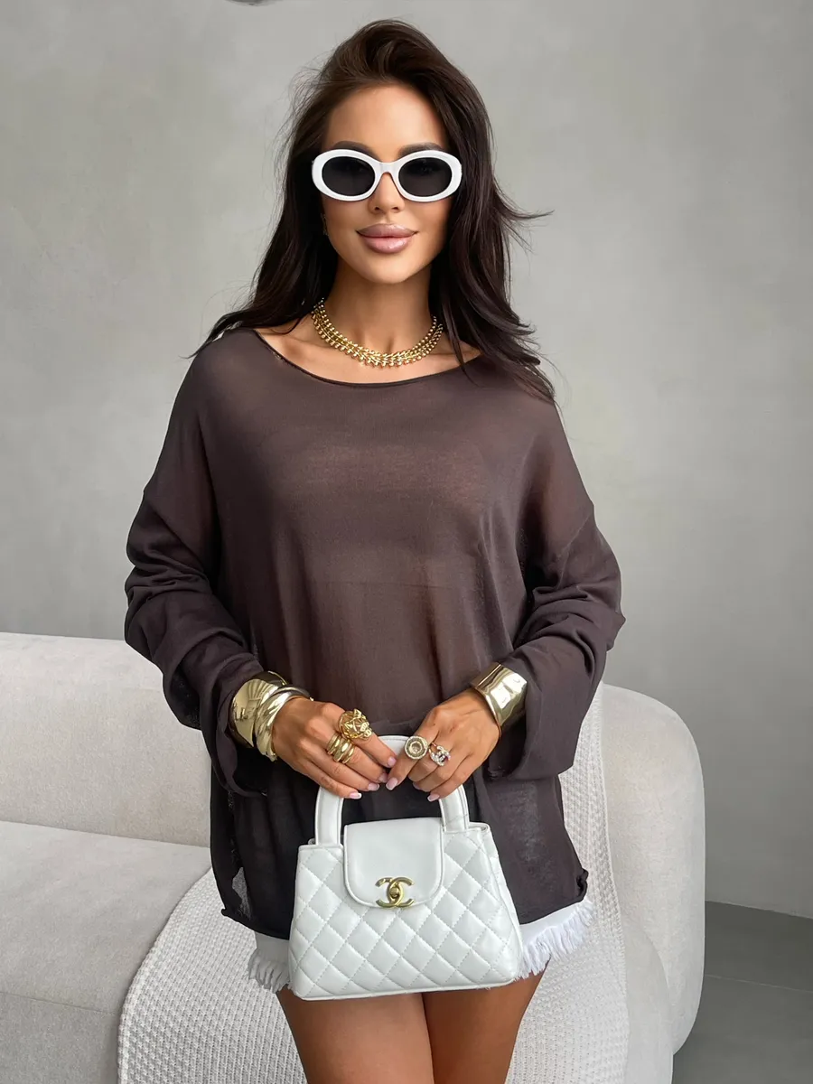 Коричневая летняя вязаная кофта оверсайз сетка паутинка