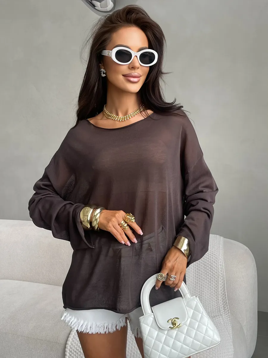 Коричневая летняя вязаная кофта оверсайз сетка паутинка