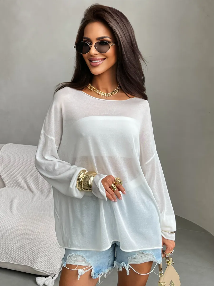 Белая летняя вязаная кофта оверсайз сетка паутинка