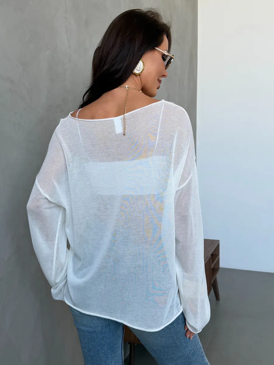 Белая летняя вязаная кофта оверсайз сетка паутинка