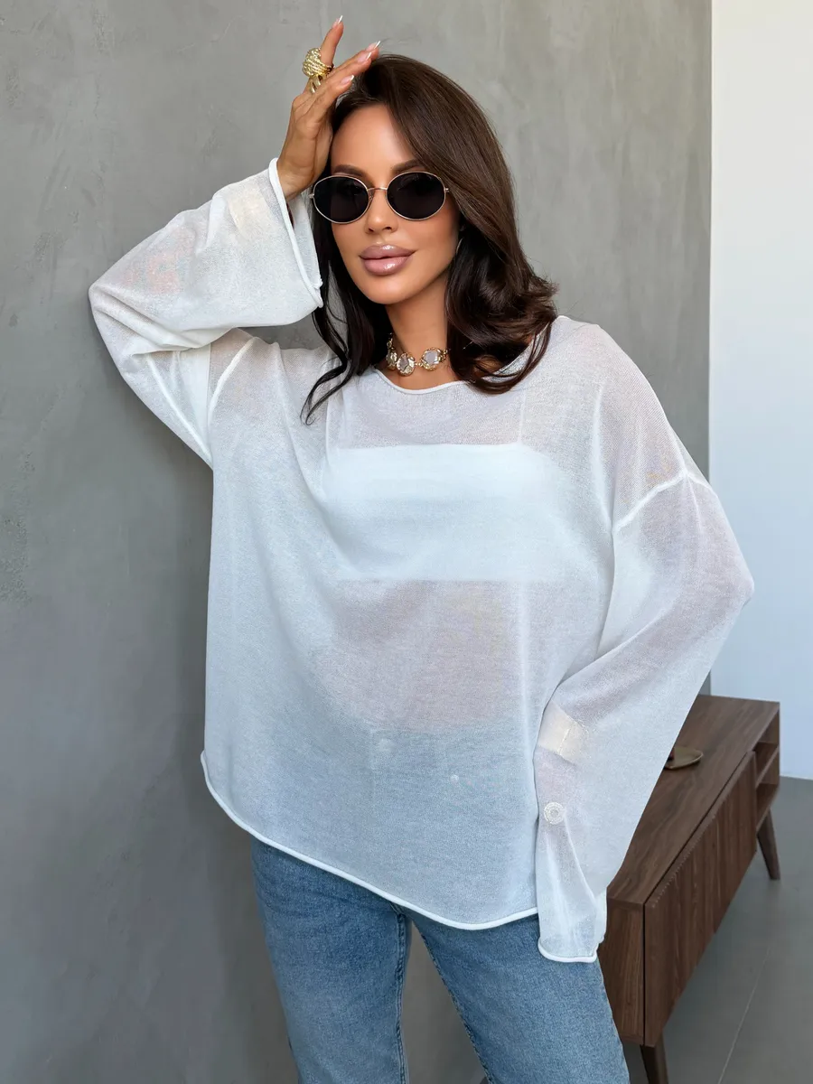 Белая летняя вязаная кофта оверсайз сетка паутинка