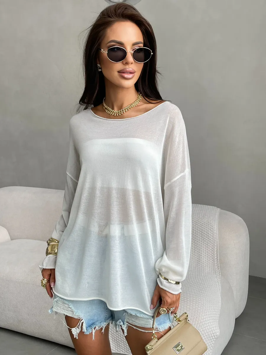 Белая летняя вязаная кофта оверсайз сетка паутинка