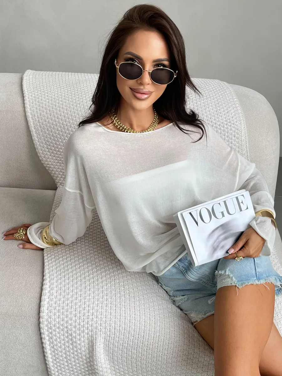 Белая летняя вязаная кофта оверсайз сетка паутинка