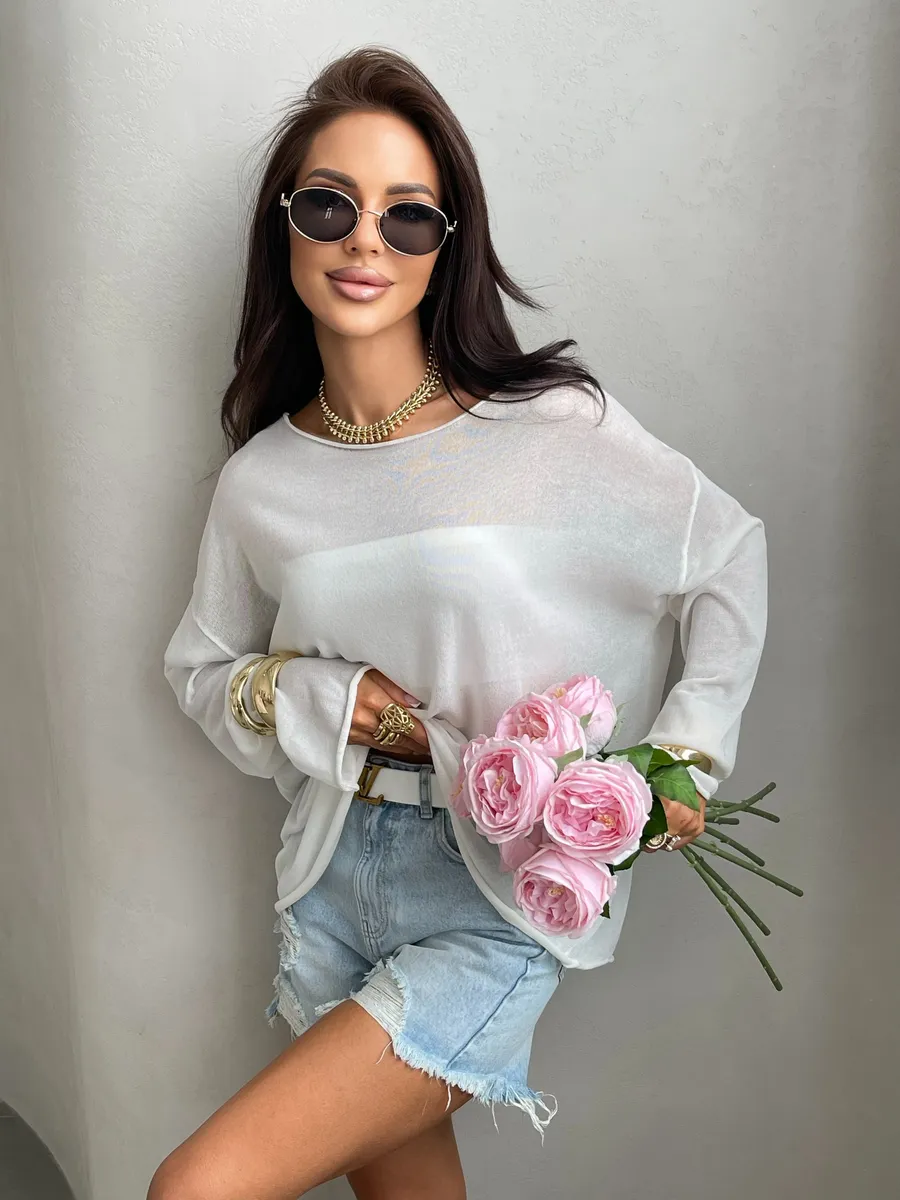 Белая летняя вязаная кофта оверсайз сетка паутинка