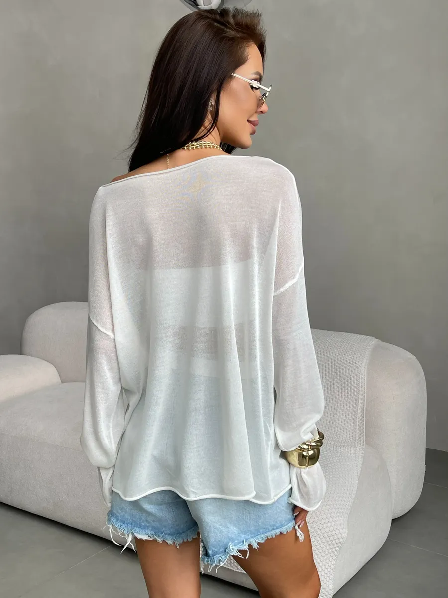 Белая летняя вязаная кофта оверсайз сетка паутинка