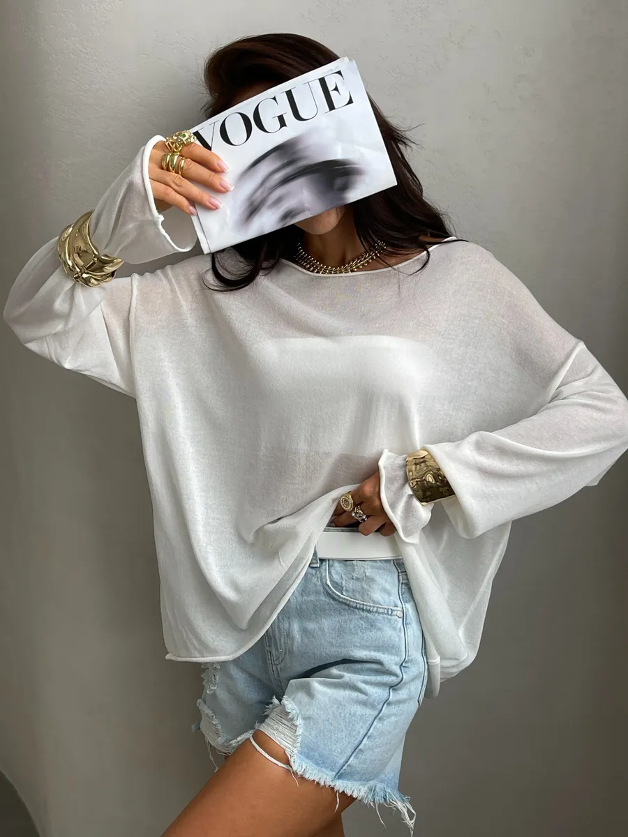 Белая летняя вязаная кофта оверсайз сетка паутинка