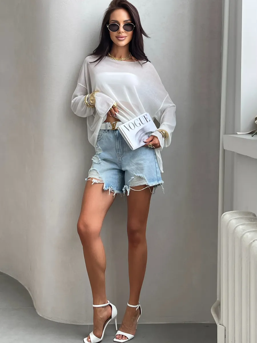 Белая летняя вязаная кофта оверсайз сетка паутинка