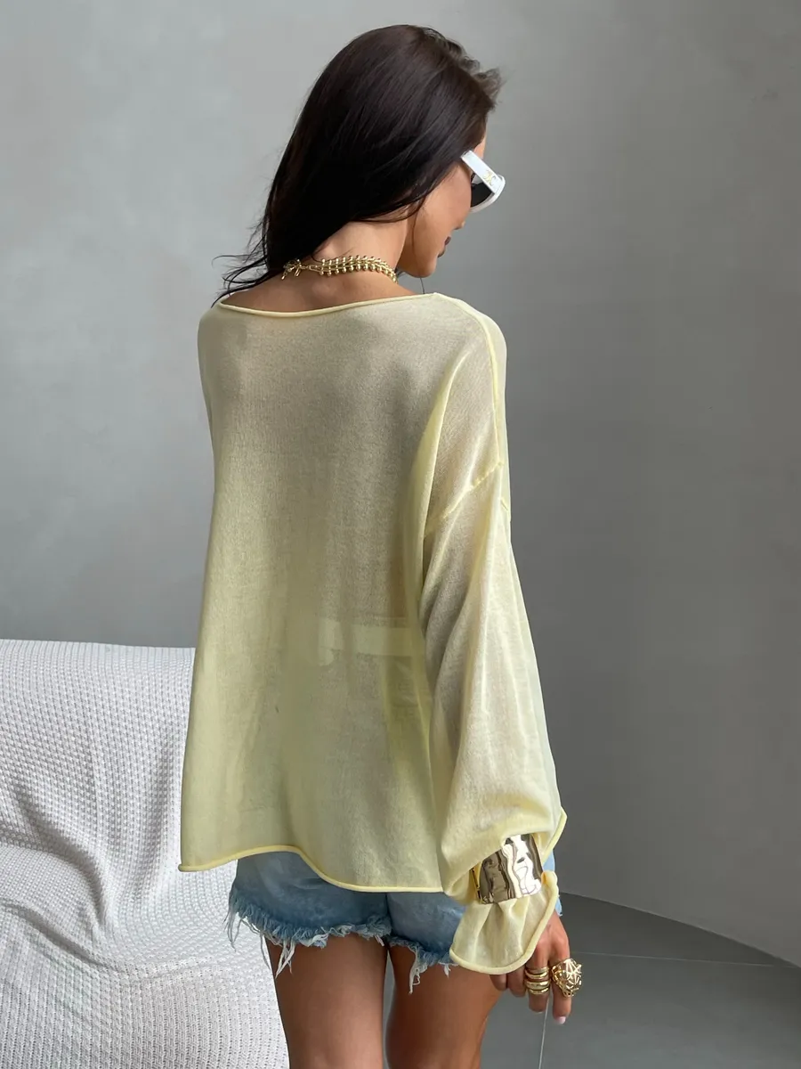 Желтая летняя вязаная кофта оверсайз сетка паутинка