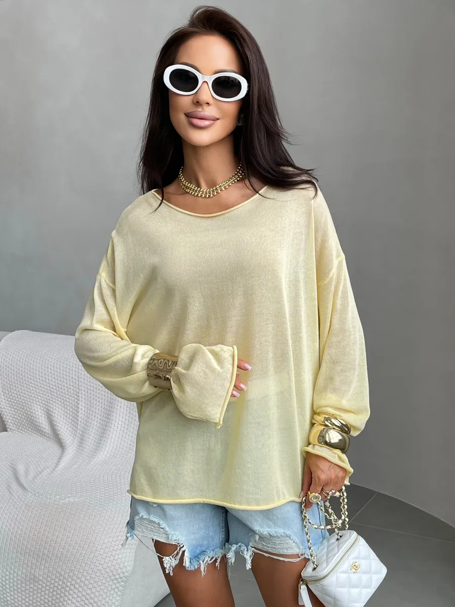 Желтая летняя вязаная кофта оверсайз сетка паутинка