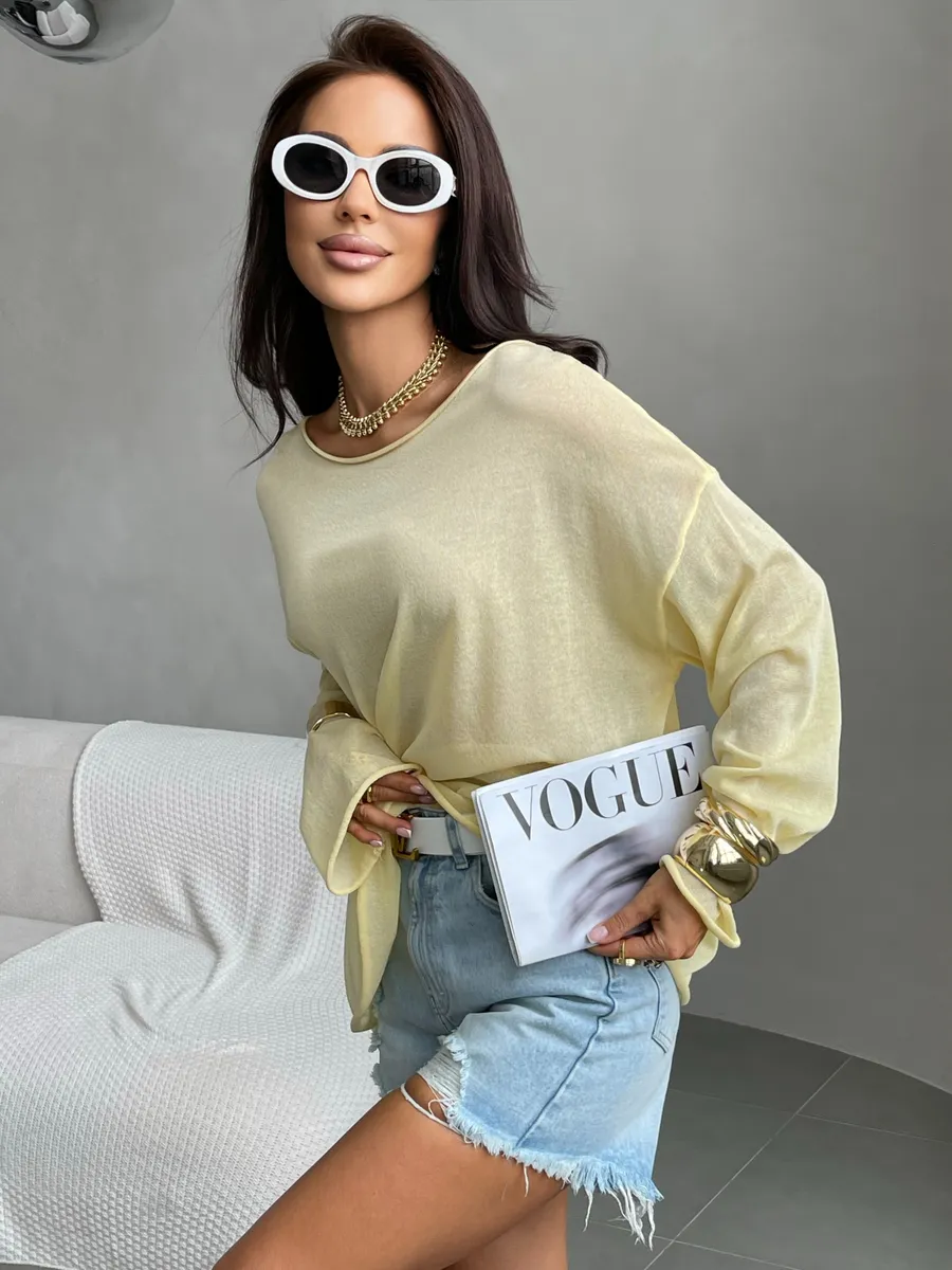 Желтая летняя вязаная кофта оверсайз сетка паутинка