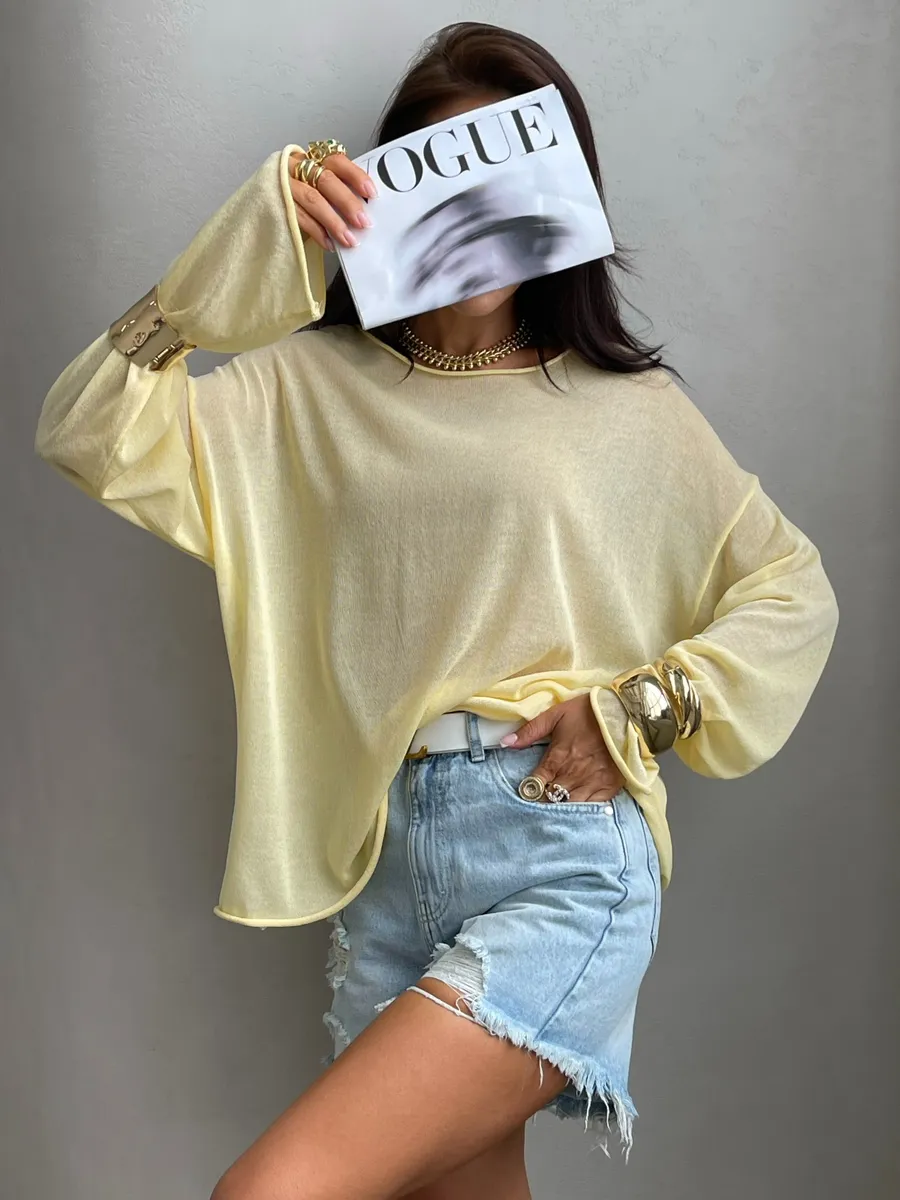 Желтая летняя вязаная кофта оверсайз сетка паутинка