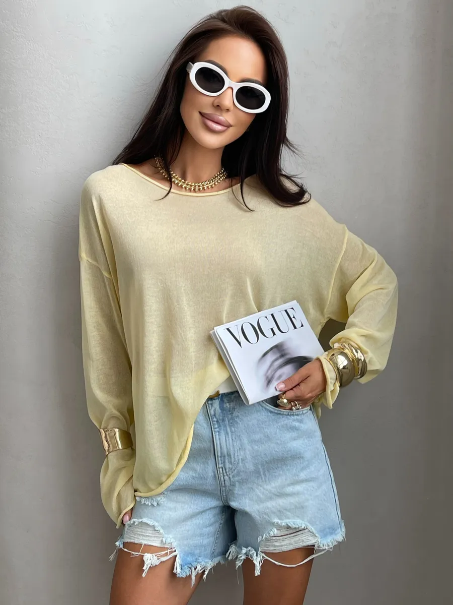 Желтая летняя вязаная кофта оверсайз сетка паутинка