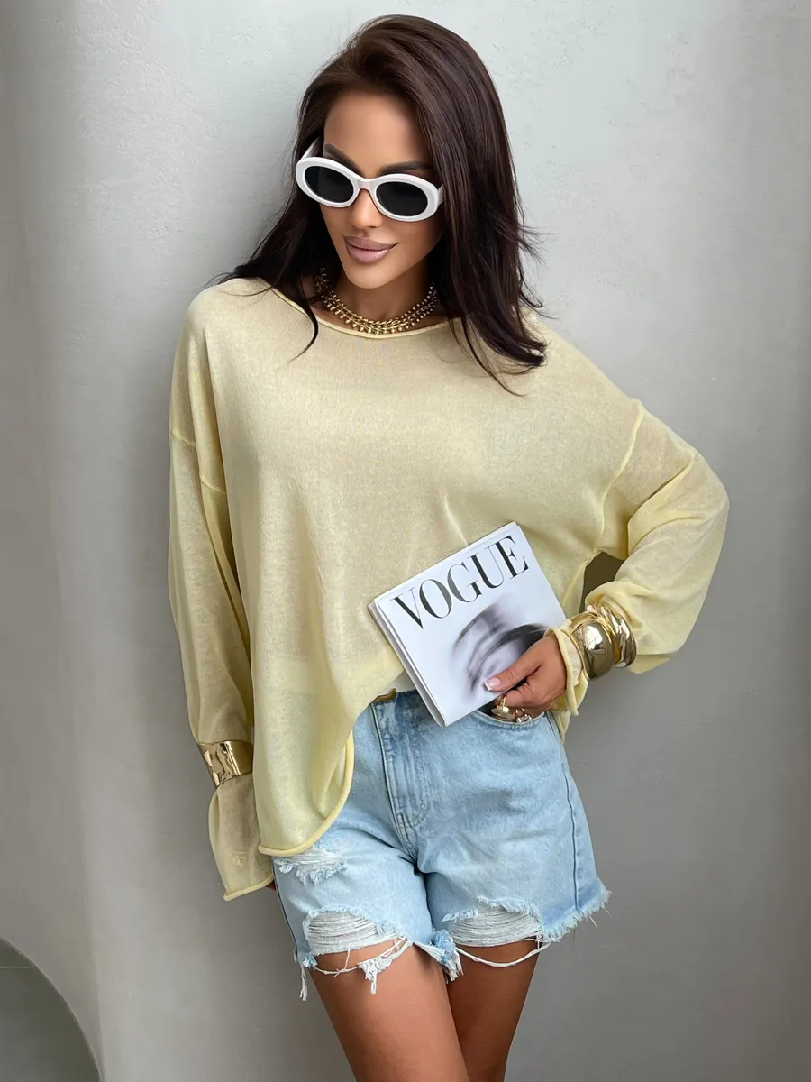 Желтая летняя вязаная кофта оверсайз сетка паутинка