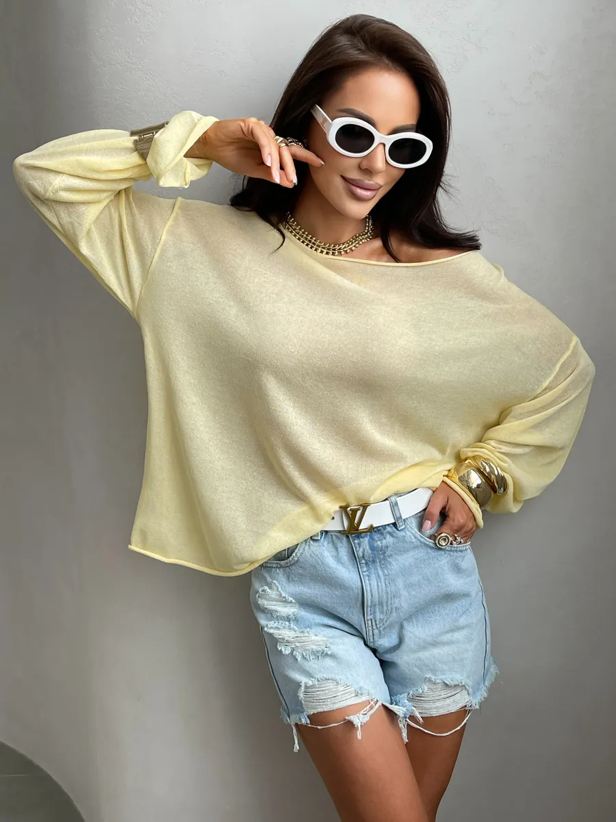 Желтая летняя вязаная кофта оверсайз сетка паутинка