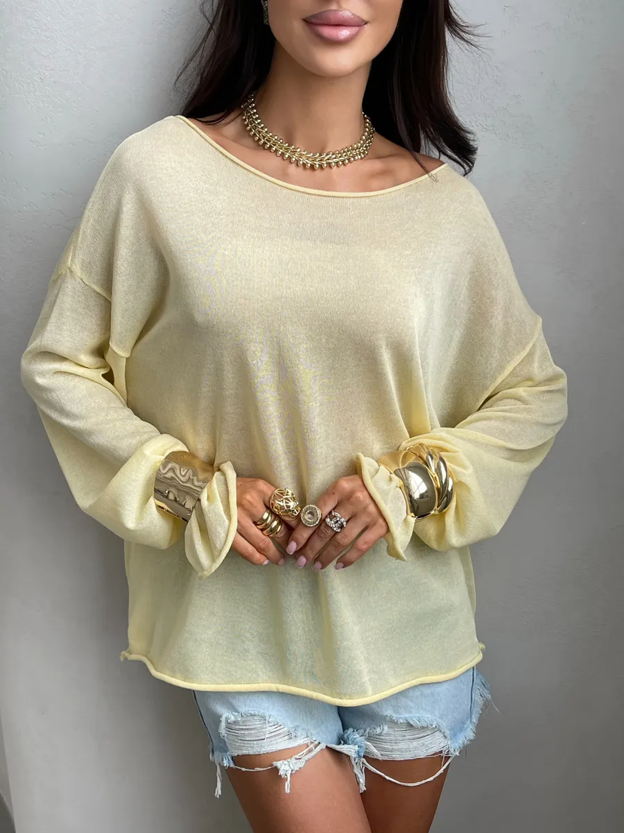 Желтая летняя вязаная кофта оверсайз сетка паутинка