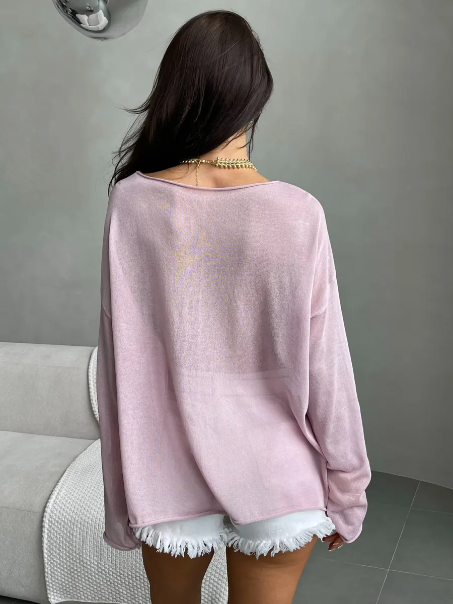 Розовая летняя вязаная кофта оверсайз сетка паутинка