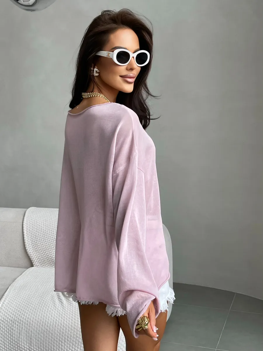 Розовая летняя вязаная кофта оверсайз сетка паутинка