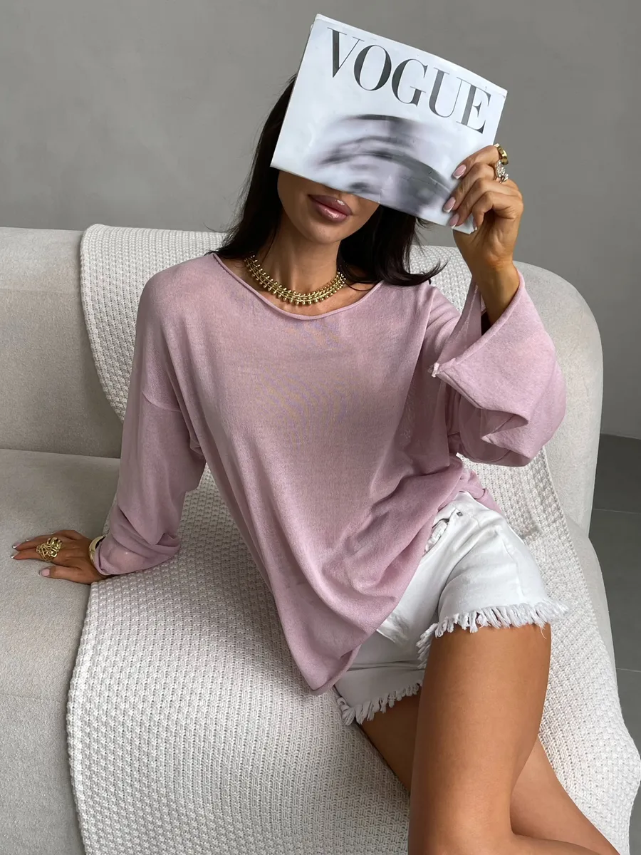 Розовая летняя вязаная кофта оверсайз сетка паутинка