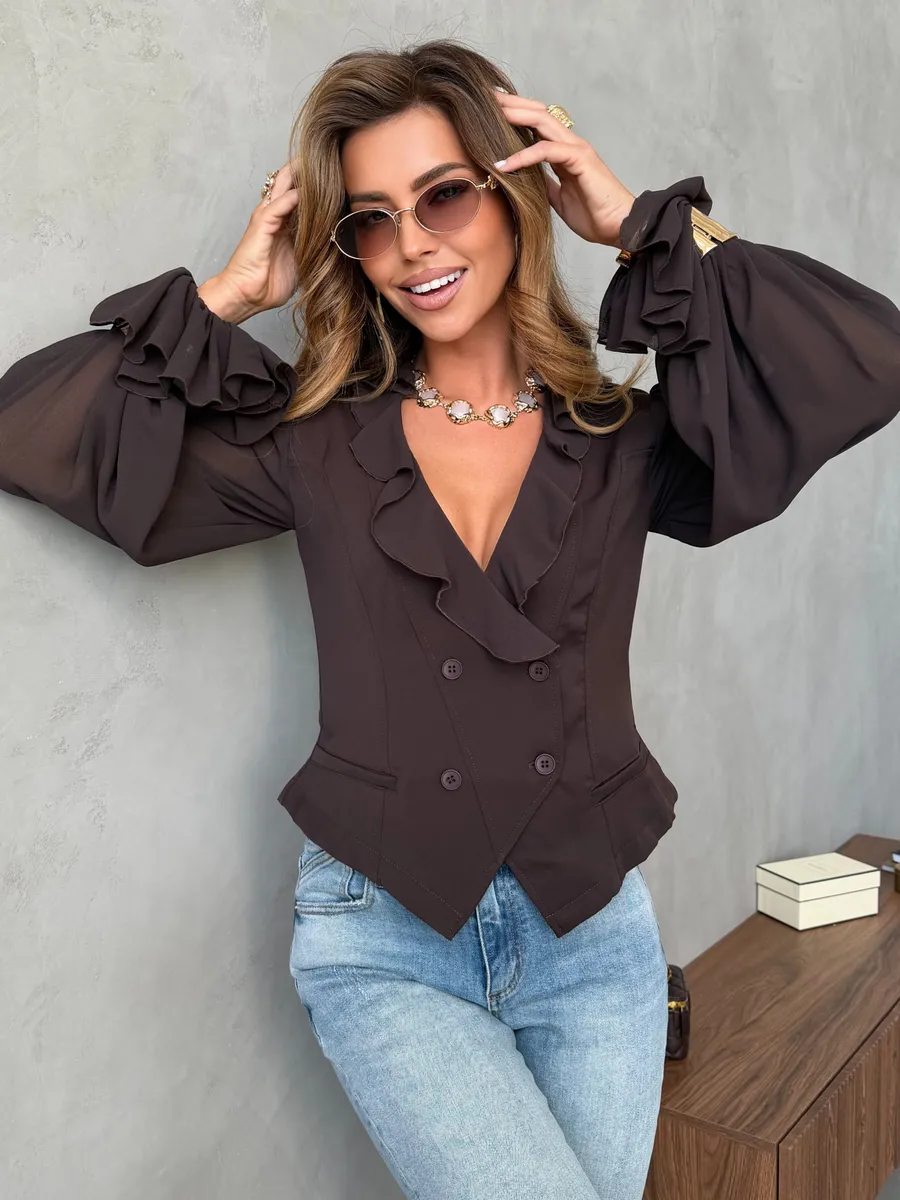 Коричневая нарядная праздничная блузка офисная стильная с воланами