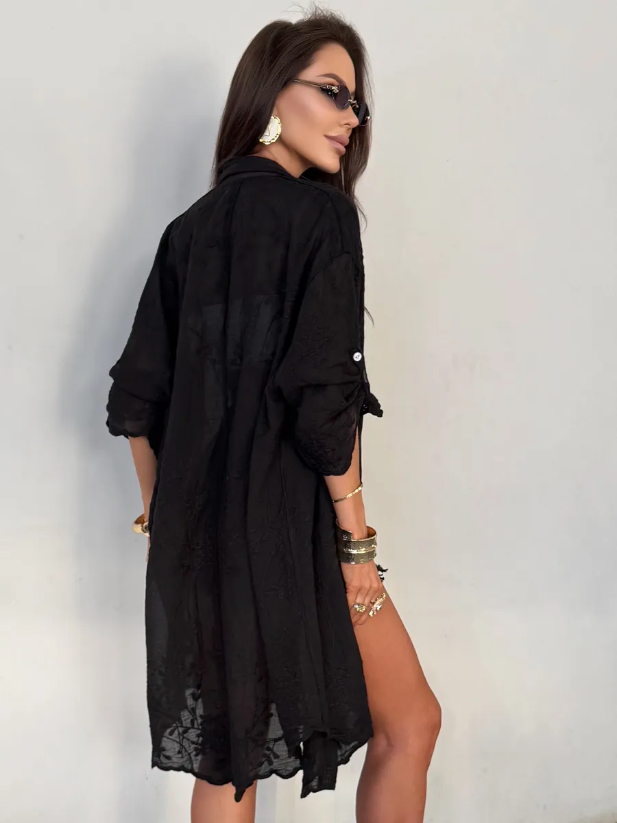 Черная летняя удлиненная рубашка оверсайз хлопковая с вышивкой
