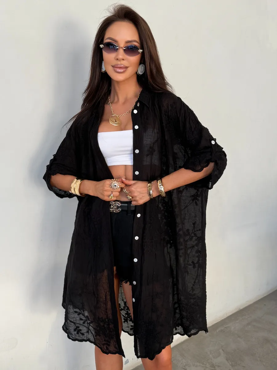 Черная летняя удлиненная рубашка оверсайз хлопковая с вышивкой