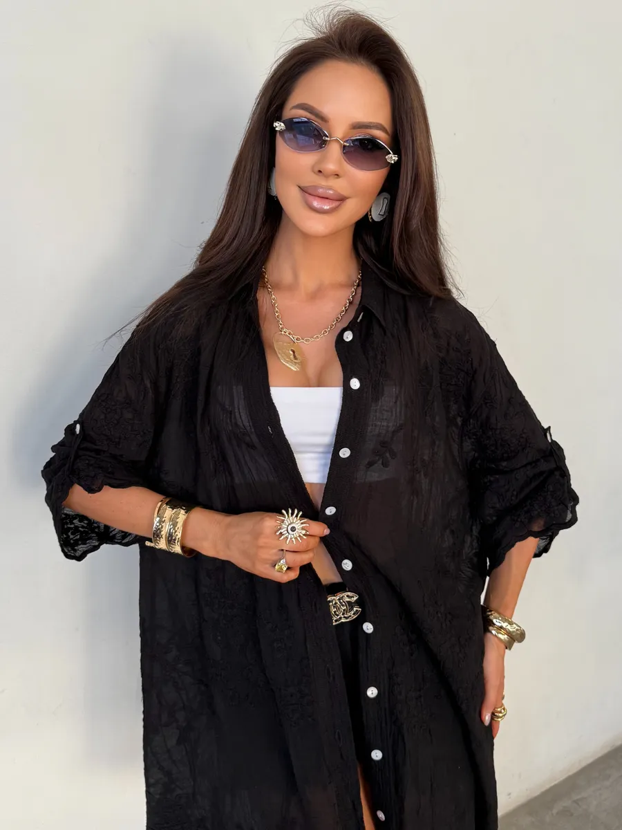 Черная летняя удлиненная рубашка оверсайз хлопковая с вышивкой