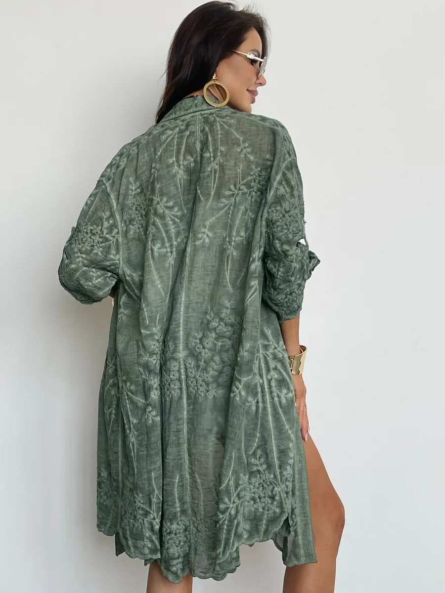 Зеленая летняя удлиненная рубашка оверсайз хлопковая с вышивкой