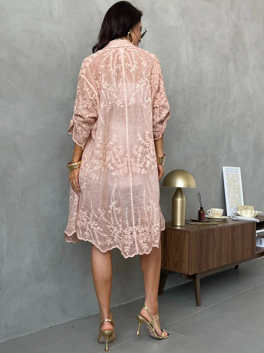 Розовая летняя удлиненная рубашка оверсайз хлопковая с вышивкой