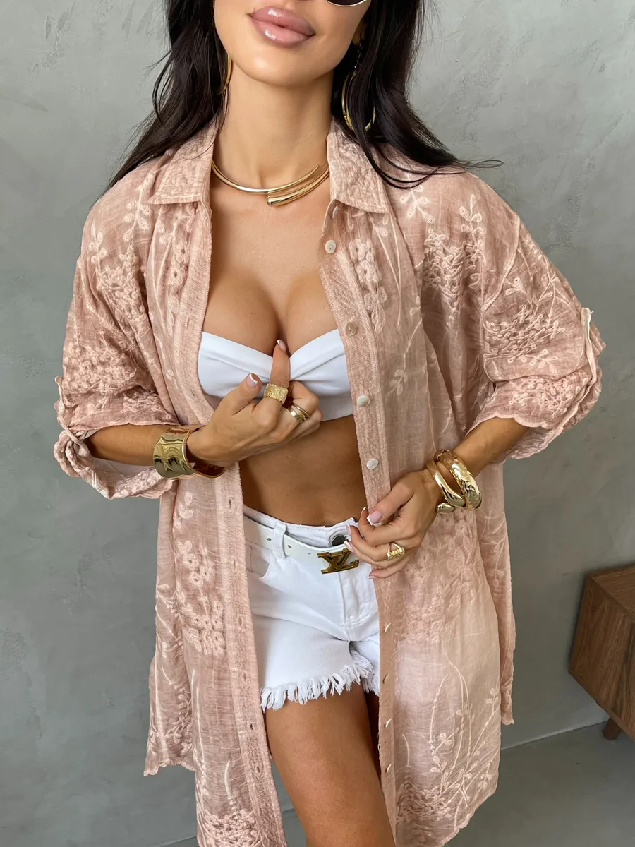 Розовая летняя удлиненная рубашка оверсайз хлопковая с вышивкой
