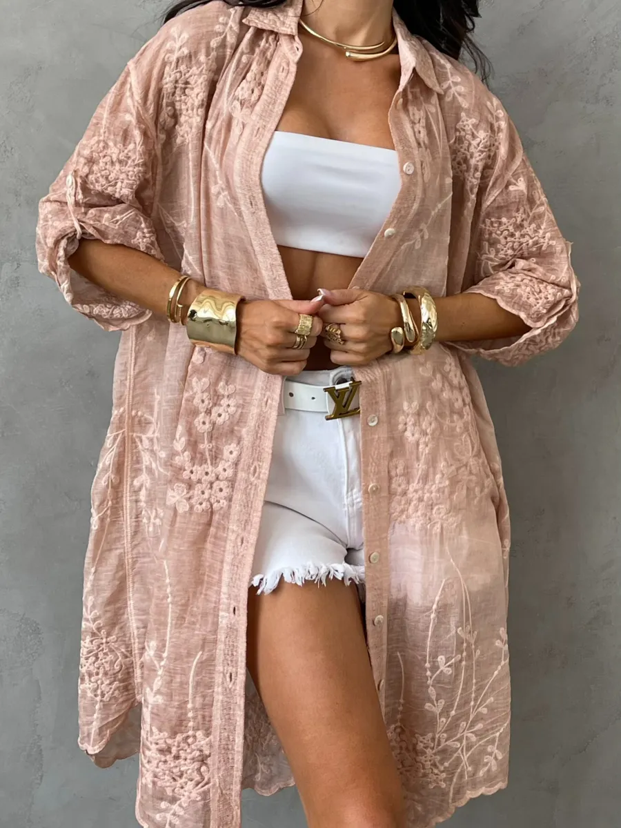 Розовая летняя удлиненная рубашка оверсайз хлопковая с вышивкой