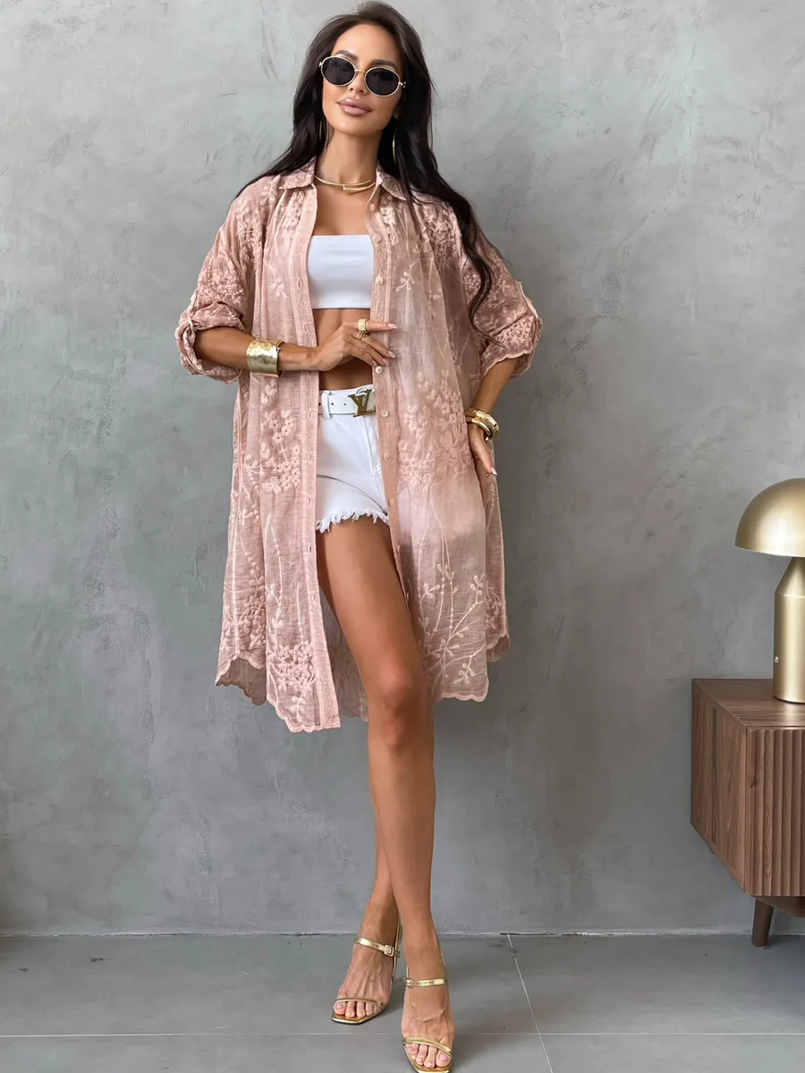 Розовая летняя удлиненная рубашка оверсайз хлопковая с вышивкой