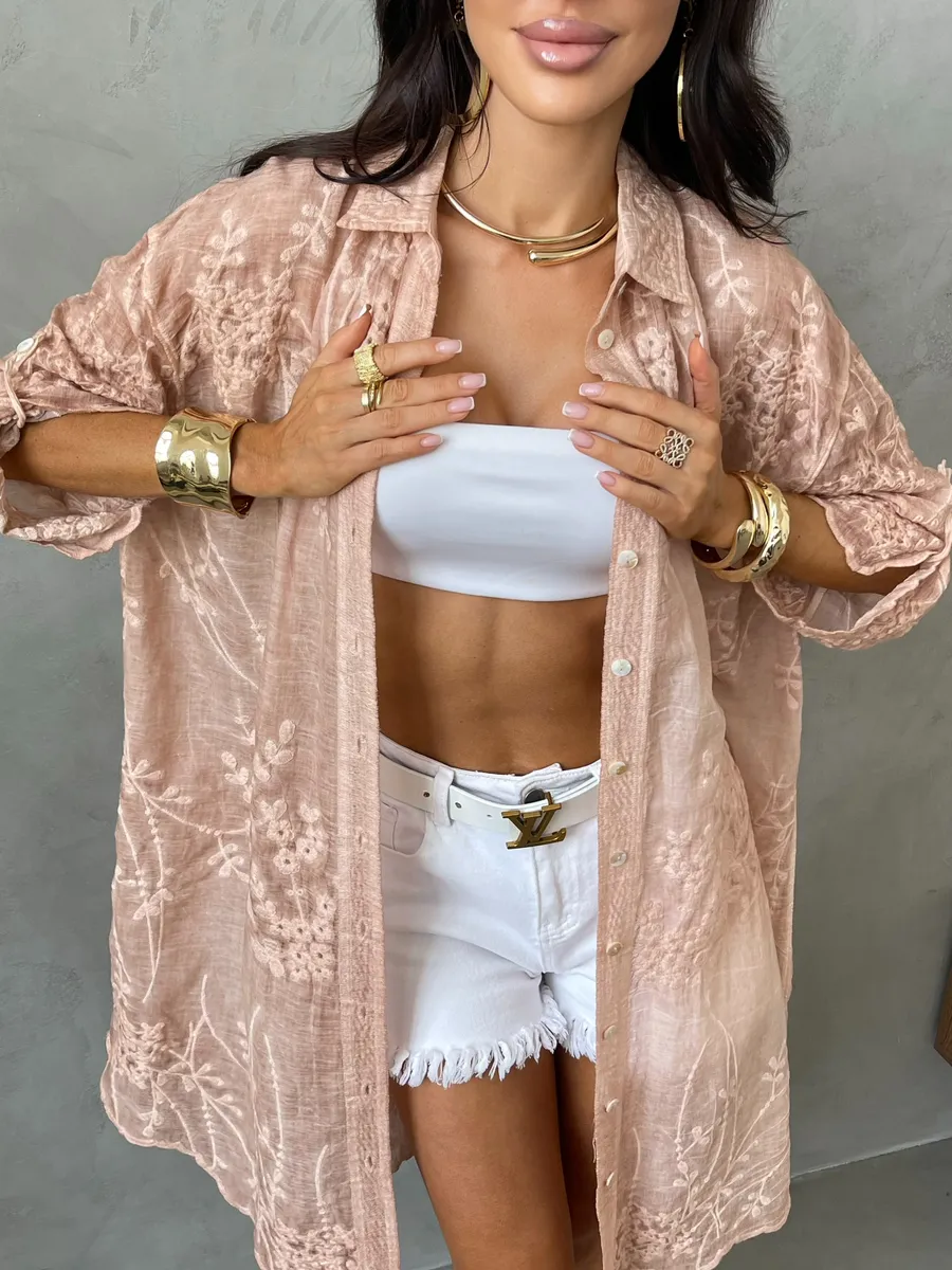 Розовая летняя удлиненная рубашка оверсайз хлопковая с вышивкой