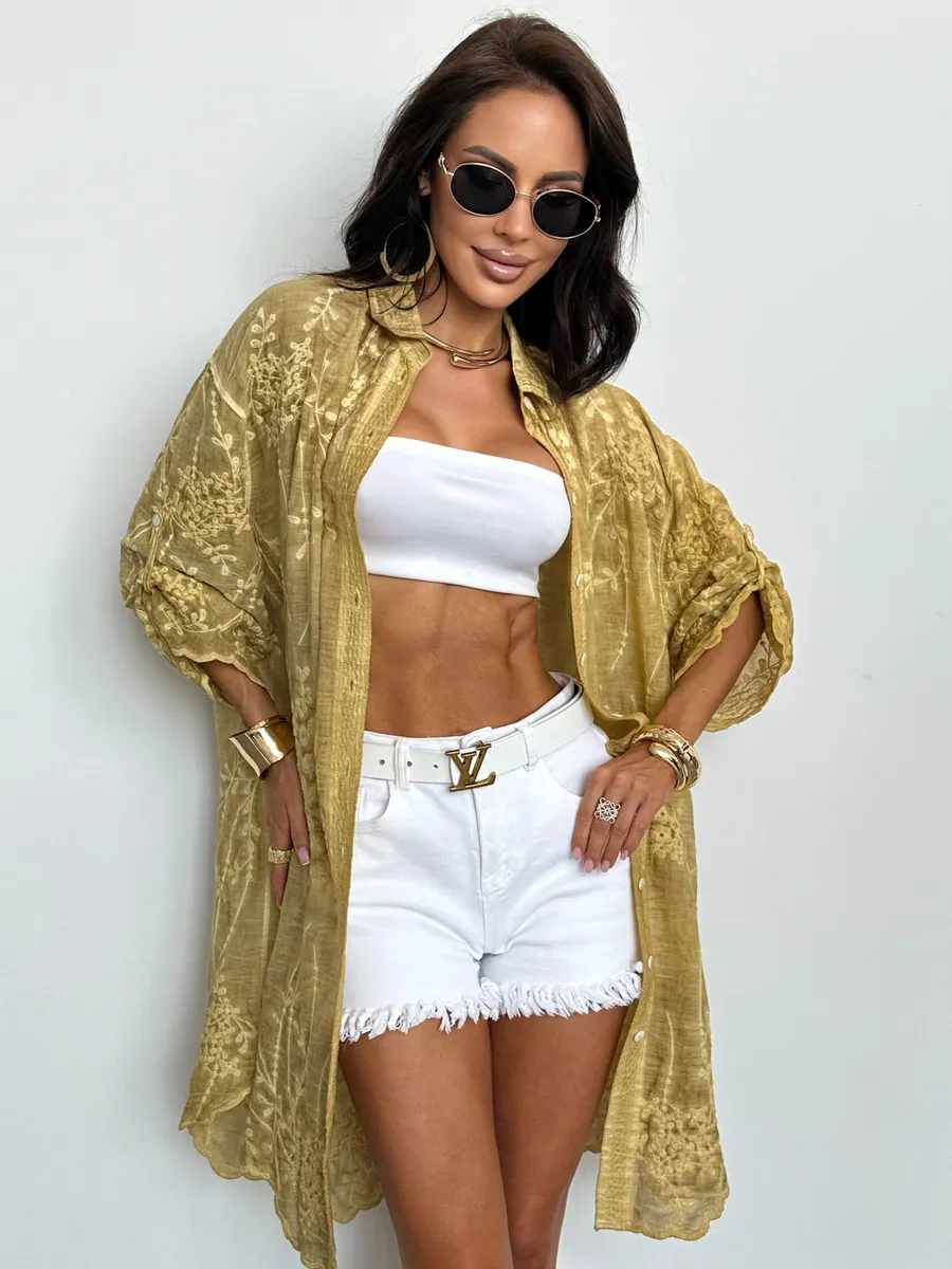 Летняя удлиненная рубашка оверсайз хлопковая с вышивкой