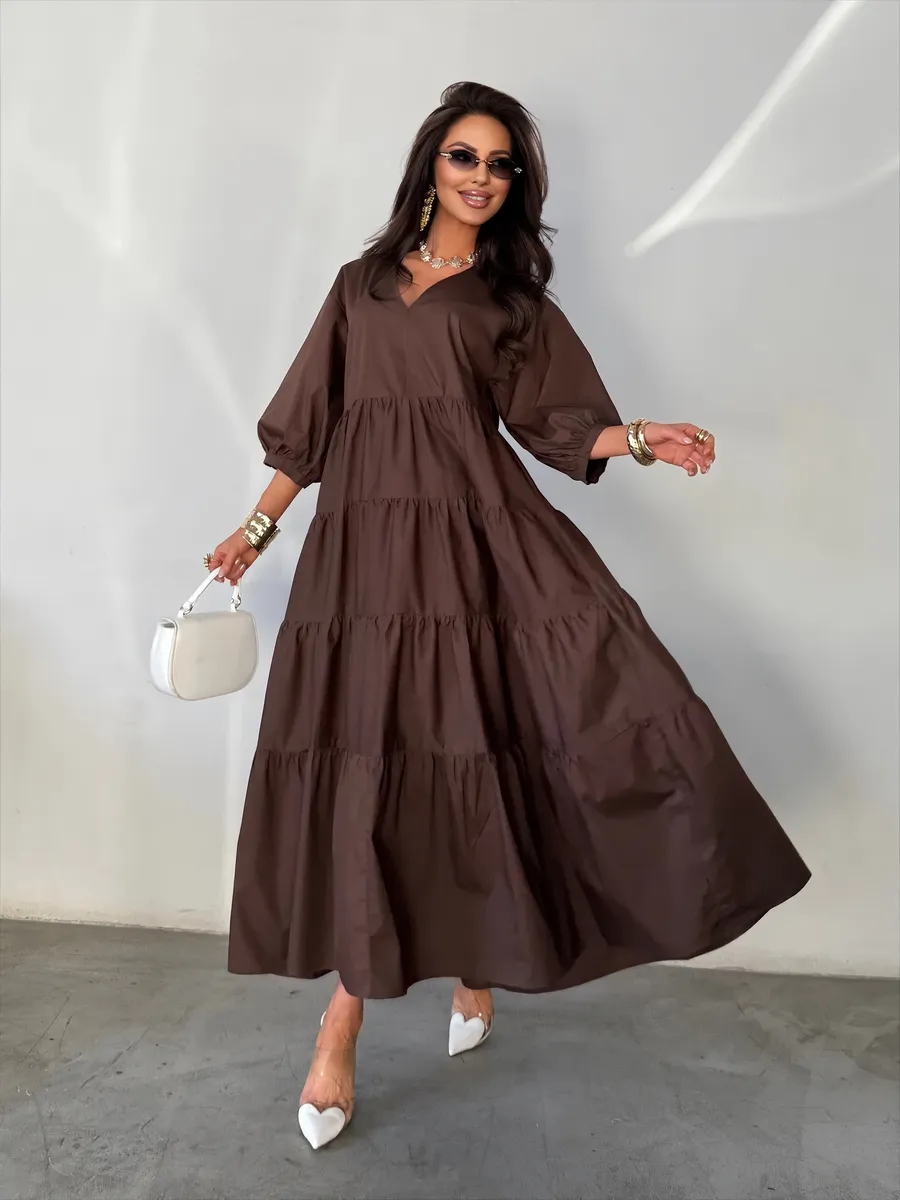 Шоколадное летнее длинное платье бохо больших размеров