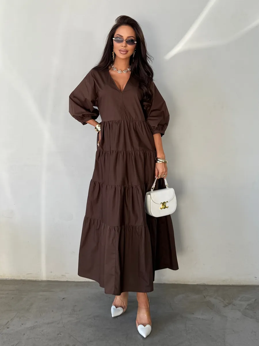 Шоколадное летнее длинное платье бохо больших размеров
