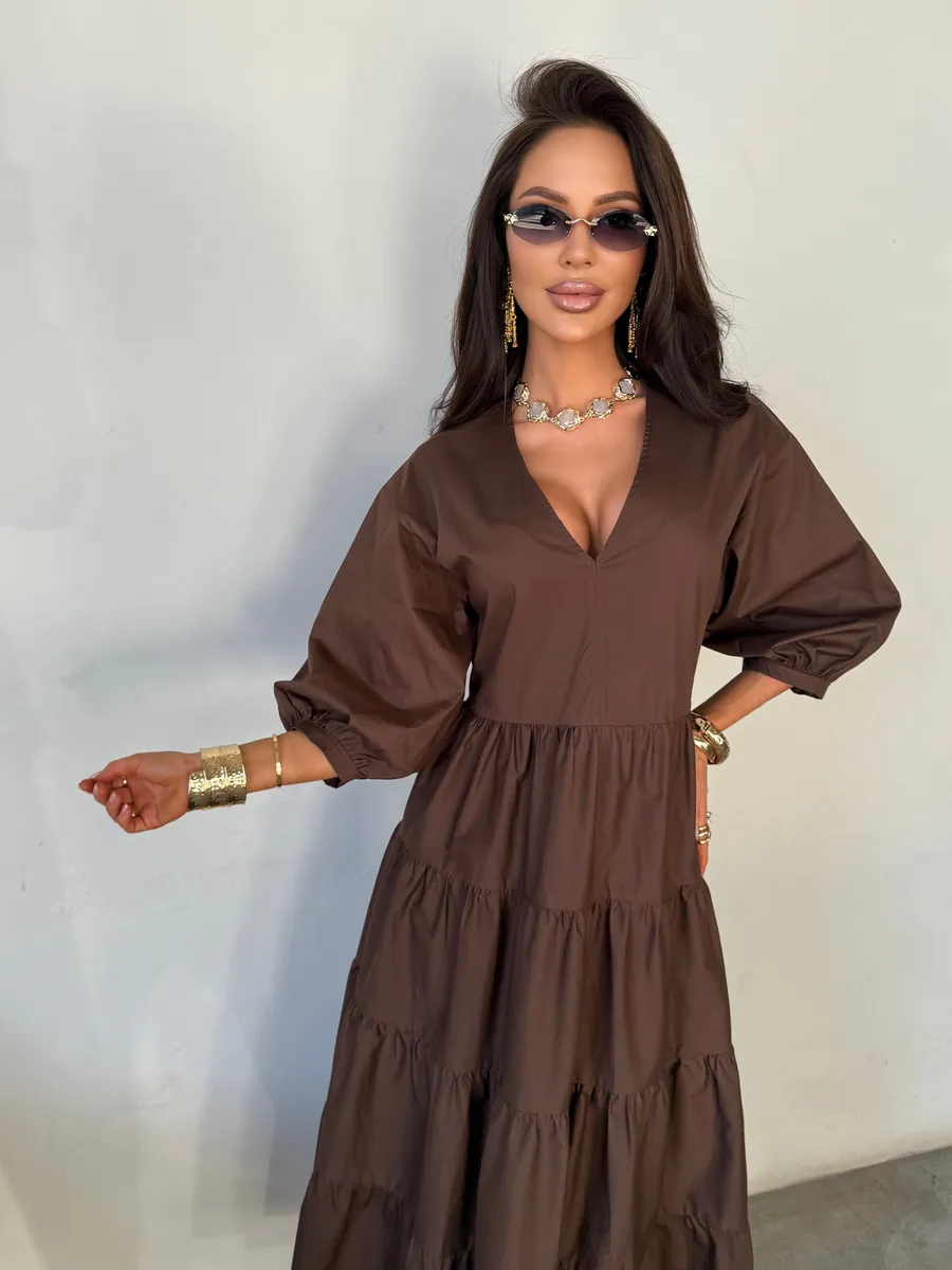 Шоколадное летнее длинное платье бохо больших размеров
